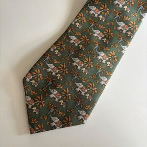 Jim Thompson Silk Tie Mens OS Green Elephant Palm Tree Thai Silk